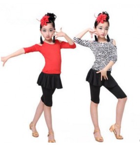 Zebra printed red girls kids children performance gymnastics competition latin salsa dance dresses set outfits
